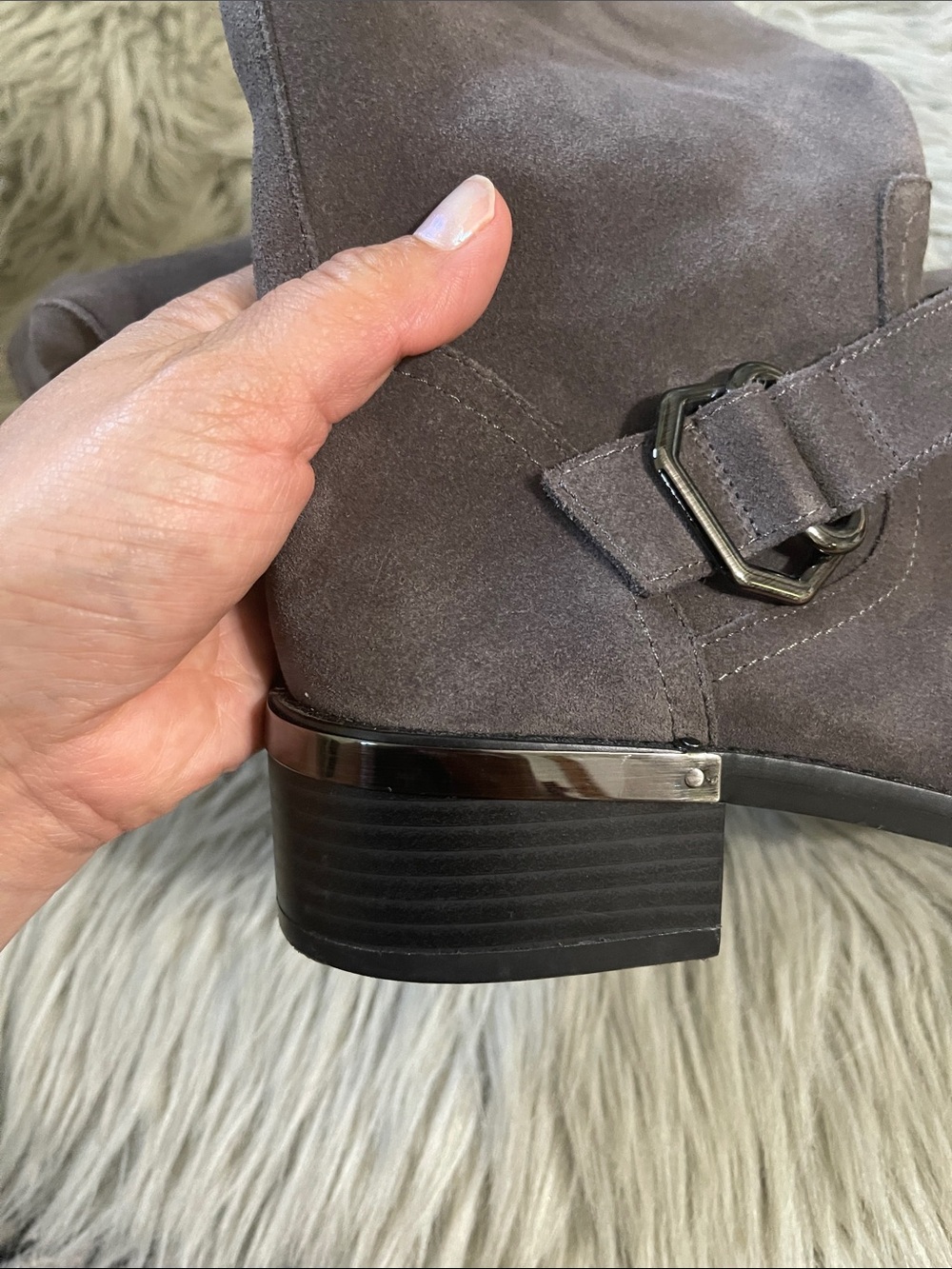 Vince Camuto Gray Suede Mid-Calf Buckle wadelyn heel boots - Picture 6 of 7
